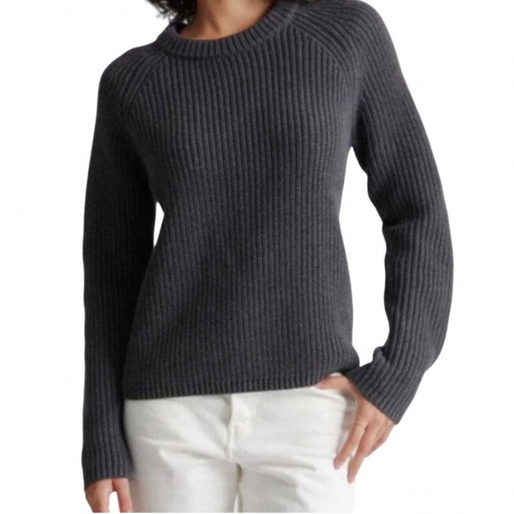 Quince Organic Cotton Fisherman Crew Sweater Womens S Charcoal Gray Ribbed Knit